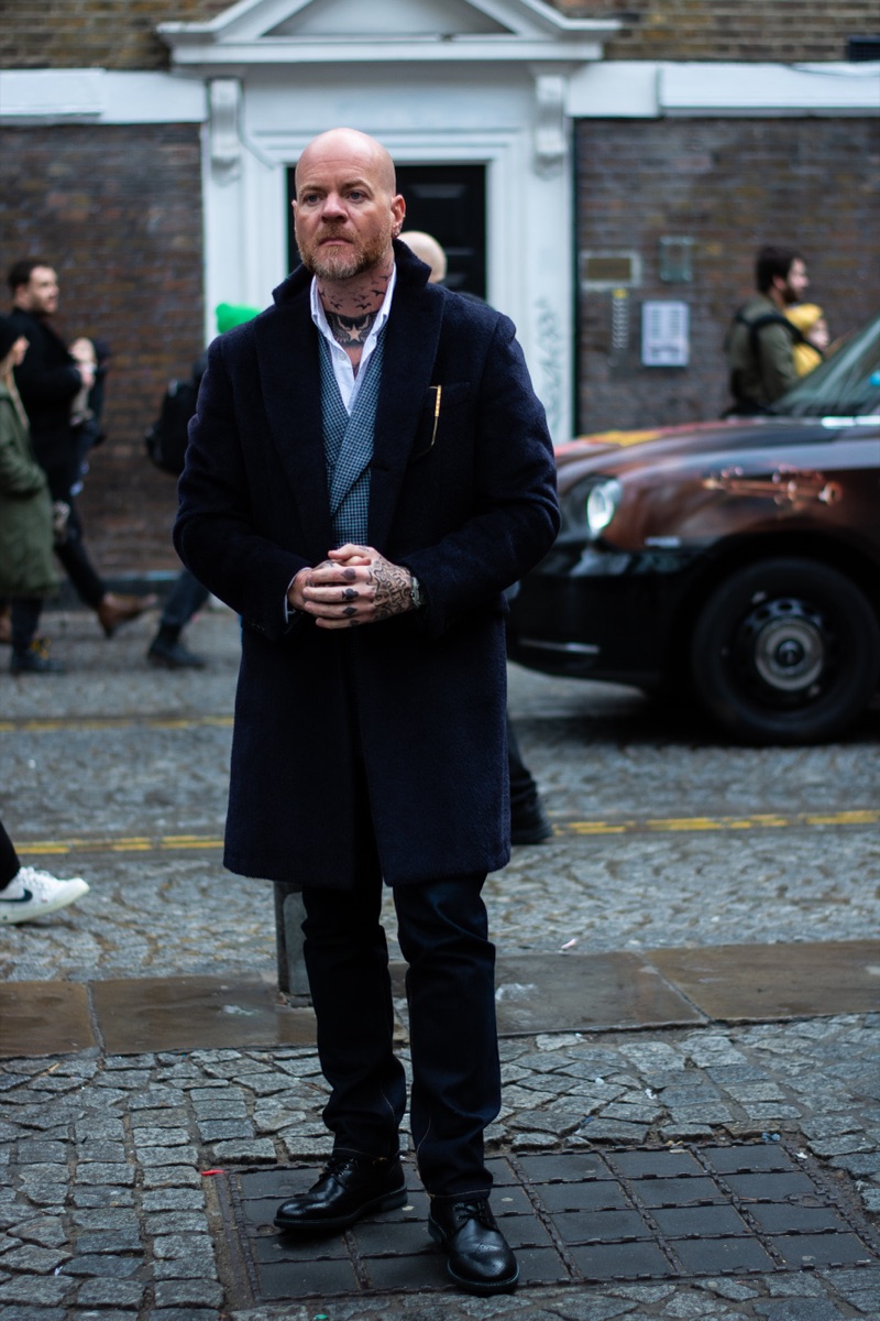 Carl Reader, black overcoat, London street