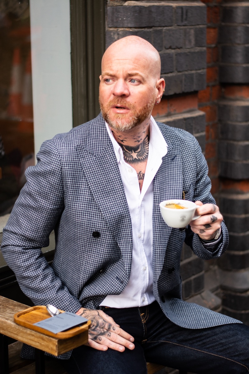 Carl Reader, houndstooth blazer, coffee