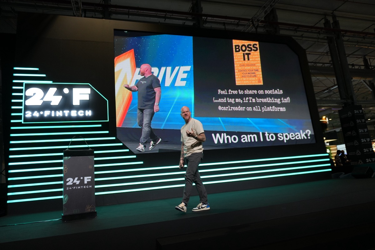 Carl Reader, on stage at 24 Fintech keynote
